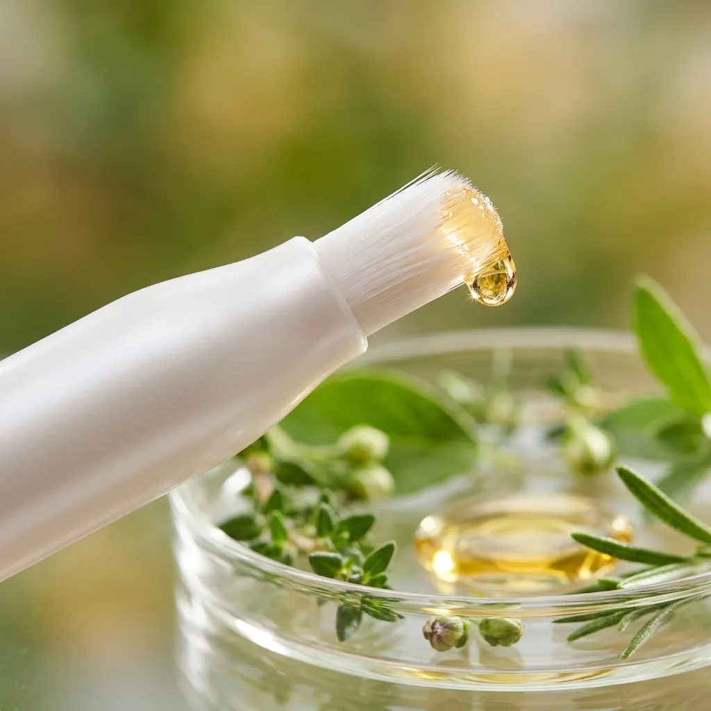 Macro close-up of the Kurineru fine brush tip with a clear botanical oil droplet