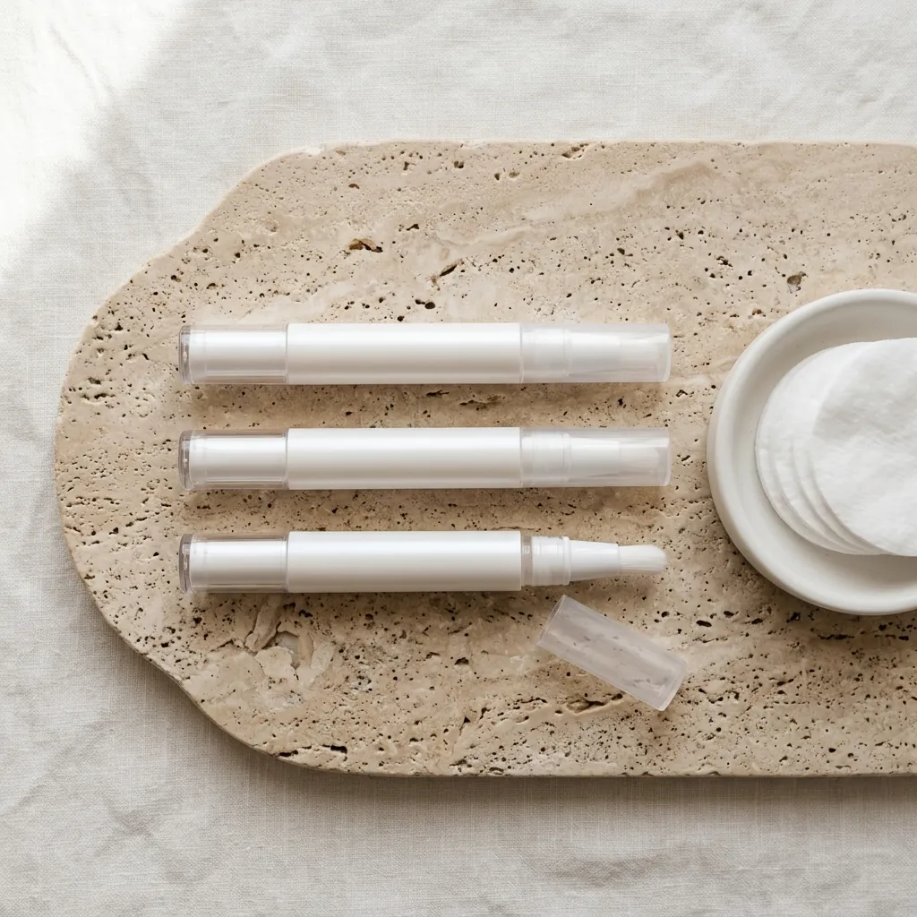 Three Kurineru pearl-white botanical nail care brush pens on a travertine spa tray